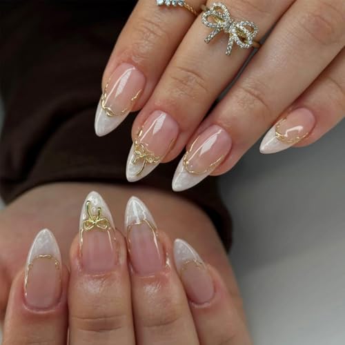 French Tip Press on Nails Medium Almond 3D Bow Fake Nails Kit
