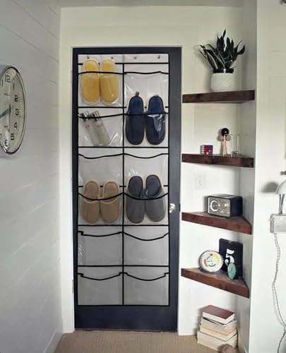 TidyMaster 12-Pocket Over-the-Door Shoe Organizer, Clear Hanging Rack - White