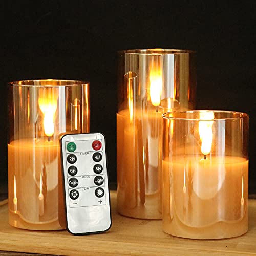3-Pack Flameless Candle Set with Remote Control - Gold Glass, Real Wax, Timer