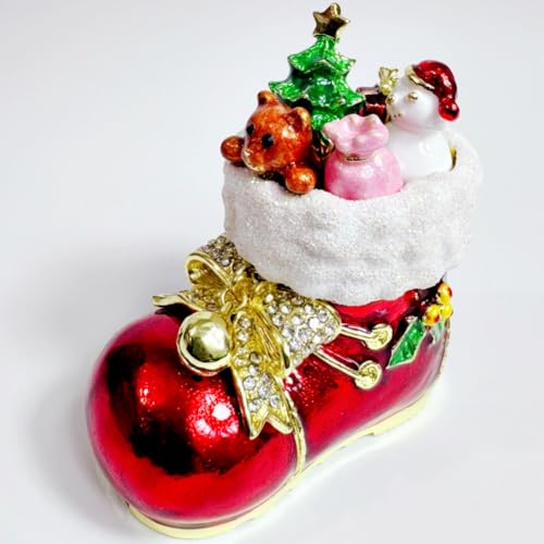 Hand Painted Enamel Santa Boots Trinket Box - Christmas Jewelry Storage - Red Variation