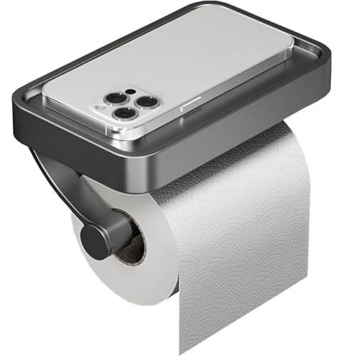 Grey Wall Mount Toilet Paper Holder with Shelf - Rustproof Stainless Steel Bathroom Dispenser
