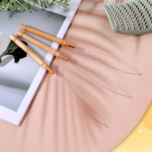 3 Pcs Wooden Hair Extension Loop Needle Kit and Threader Pulling Hook Tool