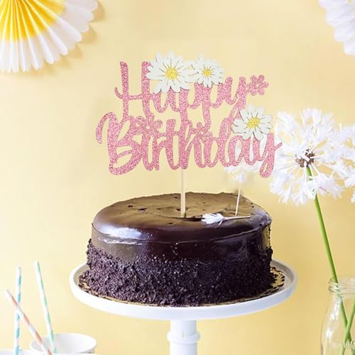 Pink Glitter Daisy Cake Topper for Birthday Parties