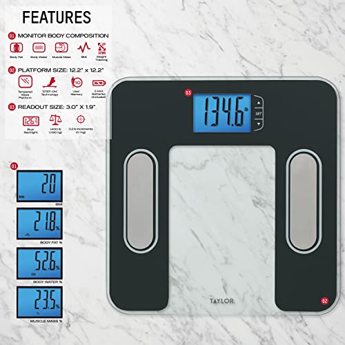 Taylor Digital Glass Body Composition Scale, Bathroom Scale for Body Weight, Measures Body Fat, Body Water, Muscle Mass and BMI, 10-User Recognition, FSA HSA Eligible, 400 lb Capacity, White and Black