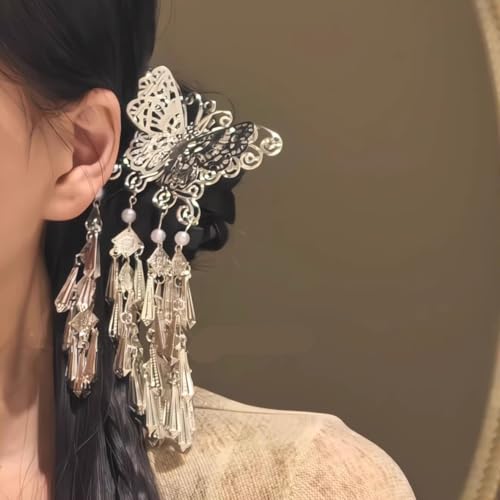 CUTEZING Butterfly Hair Claw Clip with Long Tassel Silver Metal Hair Pin