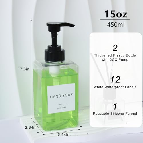Lewistin 15oz Clear Soap Dispenser Set (2-Pack) with Waterproof Labels