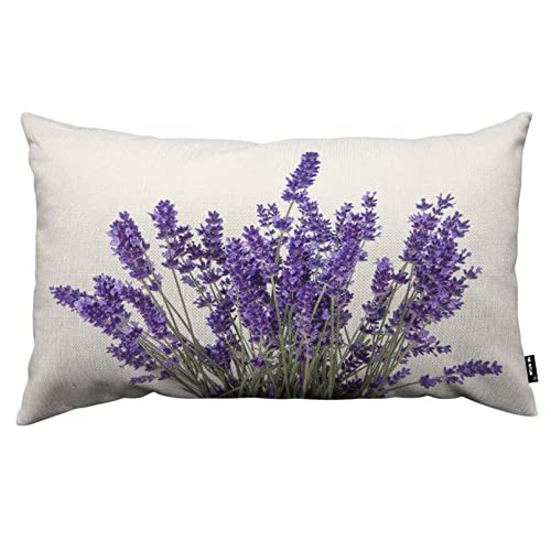 Lavender Flowers Throw Pillow Case - 12x20 Inch Faux Linen Cushion Cover