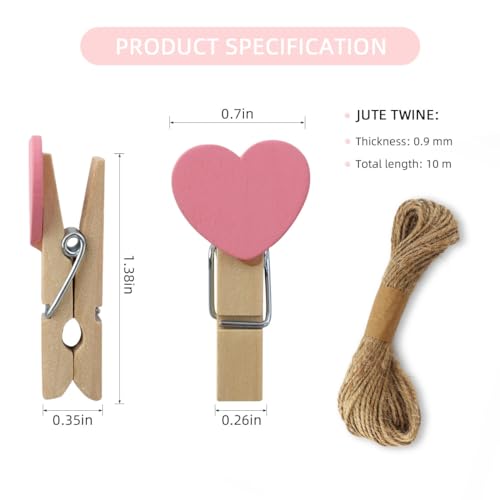 80 Mini Heart Clothespins with Jute Twine - Colorful Wooden Clips for Crafts