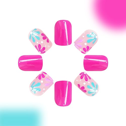 Pink Square Press on Nails with Cute Floral Design, 24Pcs Short Reusable