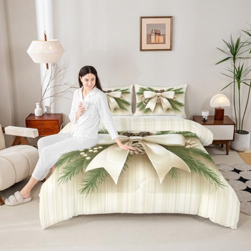Beige Green Twin Comforter Set with Pinecone Leaves Pattern - Kids Bedding
