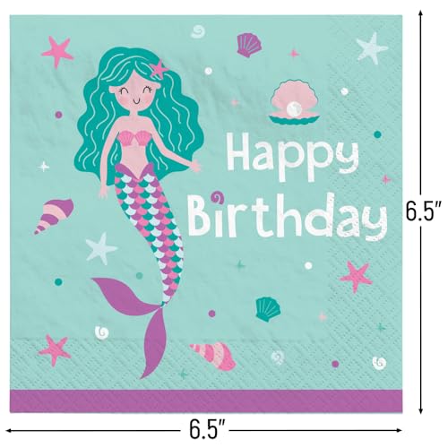 Vibrant Mermaid Birthday Napkins - 16 Pack, 6.5" x 6.5"