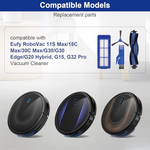 Sgizoku Replacement Parts for Eufy 11S Max, 15C Max, 30C Max, G30, G30 Edge & G30 Hybrid Robotic Vacuum Cleaner — 1 Roller Brush, 4 HEPA Filters, 4 Side Brushes