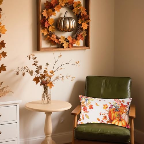 Fall Pumpkin Maple Leaf Lumbar Pillow Cover 12x20 Inch Thanksgiving