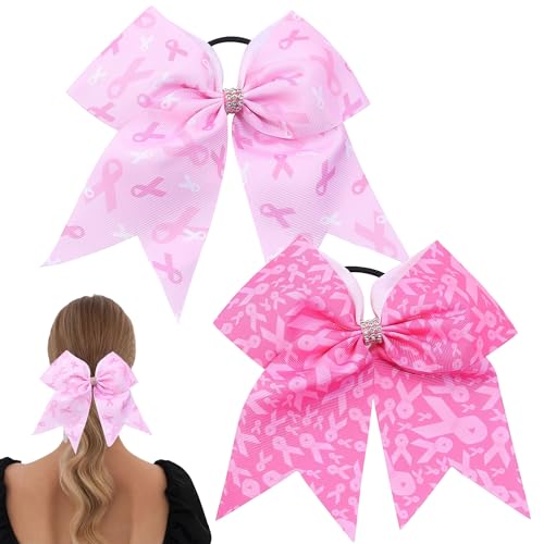 Breast Cancer Awareness Cheer Bows - 7 Inch Pink Ribbon Hair Bows (2 Pack)