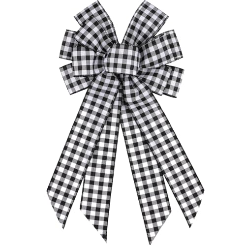 YKW Black White Buffalo Plaid Bow with Wired Edge - 11x20 Inch Farmhouse Wreath Decor
