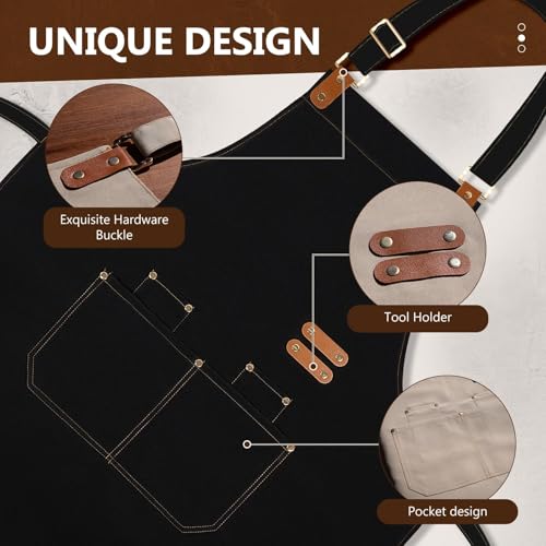 APRONPANDA Chef Apron - Black Heavy Duty Canvas with Pockets & Adjustable Strap