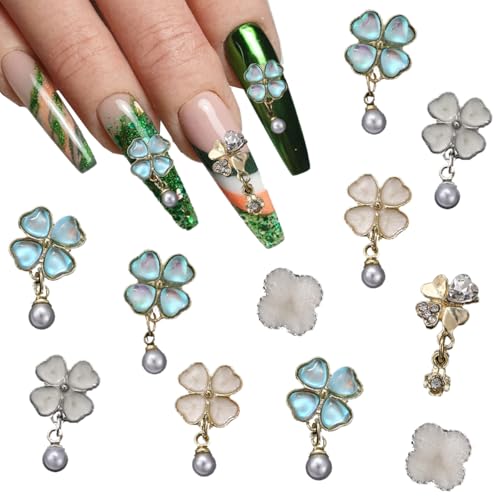 12Pcs Four Leaf Clover Nail Charms 3D Shamrock Gems with Pearls