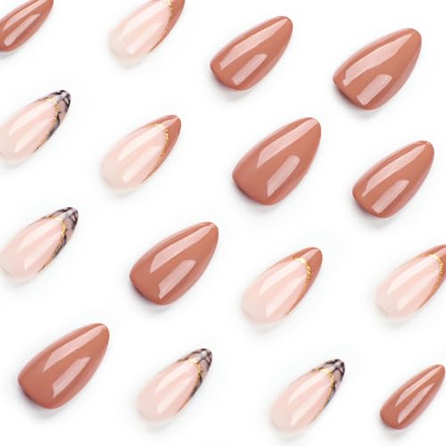 Fall Press on Nails Almond French Tips Nude Brown Gold Glitter Medium