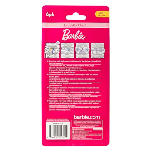 Brush Buddies Barbie Kids Manual Toothbrushes 6-Pack, Soft Bristles