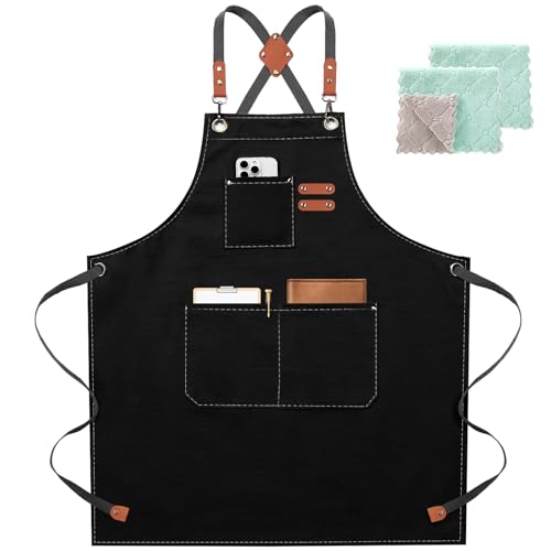 ZOMAO Black Chef Apron for Men & Women - Waterproof Cotton Canvas with Large Pockets