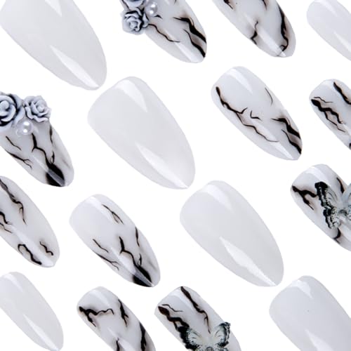 3D Handmade Press On Nails Almond Glossy Black White Marble Butterfly