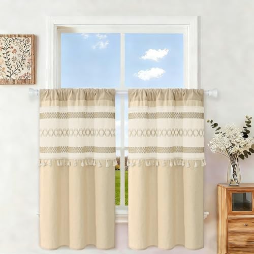 FRAMICS Linen Cafe Curtains - 26" x 36" Boho Farmhouse Tier Curtains, 2 Panels