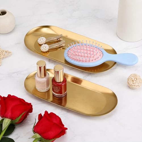 Vaincre 7" Gold Stainless Steel Oval Jewelry Tray - 2 Piece Decorative Set