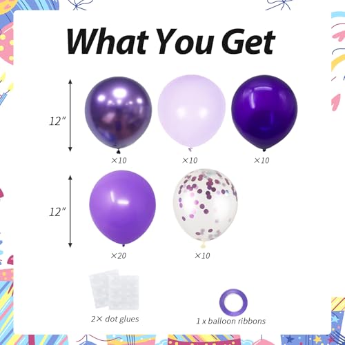 Purple Confetti Balloons Kit - 60pcs 12inch for Parties & Celebrations