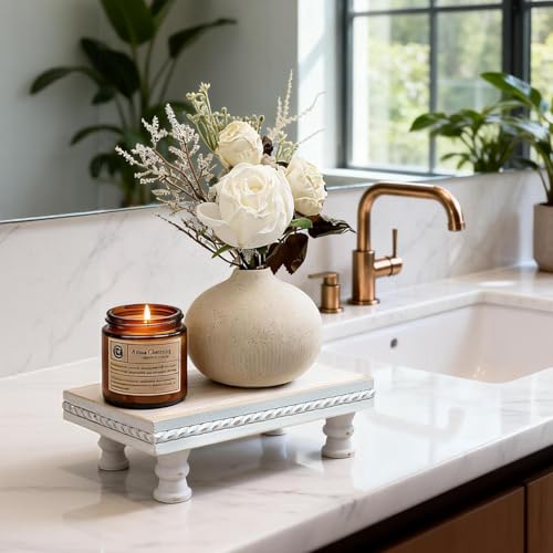 Waterproof Wooden Bathroom Tray Pedestal Stand - 8.6-Inch White