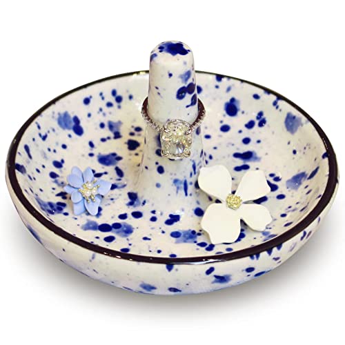 Ceramic Ring Holder Stand - Blue Dots Jewelry Dish for Rings & Earrings