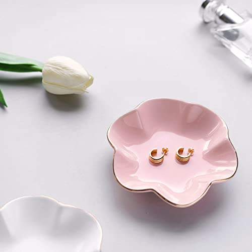 HANKOR Ceramic Jewelry Dish, 4.7-Inch Pink Trinket Tray with Gold Trim
