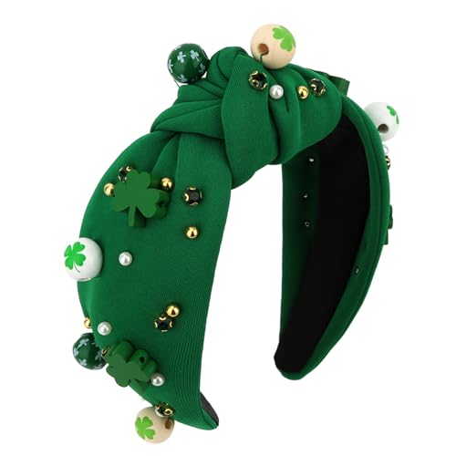 St Patrick's Day Green Top Knot Headband with Shamrock Beads & Pearls