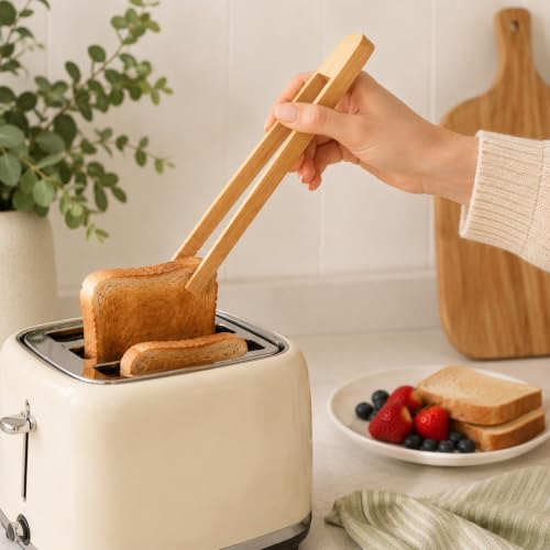 2PCS Bamboo Toaster Tongs - Anti-Slip Wooden Kitchen Utensils