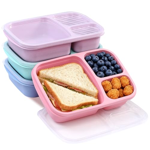 4 Pack Reusable 3-Compartment Lunch Box Set - Light Color