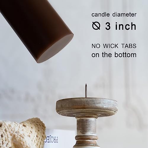 Unscented Brown Pillar Candles Set of 3 - 3x6 Inch, Long Burn Time, Rustic Decor