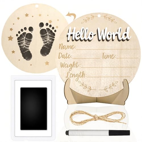 Hello World Baby Announcement Sign - 5.9" White Wooden Keepsake Set