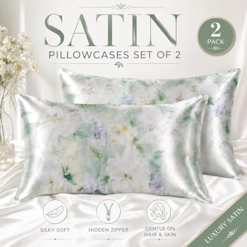 YIYEA Standard Satin Pillow Cases Set of 2 with Zipper, 20x26
