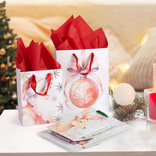 Jotique 4-Pack Pink Christmas Gift Bags with Tissue Paper, Medium