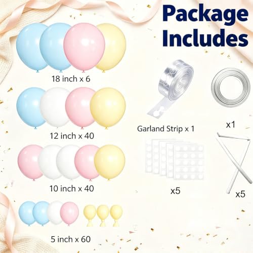 Pastel Balloon Arch Kit - 146 Pcs in Blue, Pink, Yellow & White