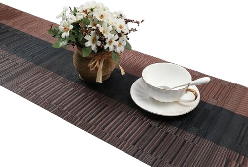 SHACOS Woven Vinyl Table Runner 12x36 Inch Ombre Coffee Black Waterproof Indoor Outdoor Decor