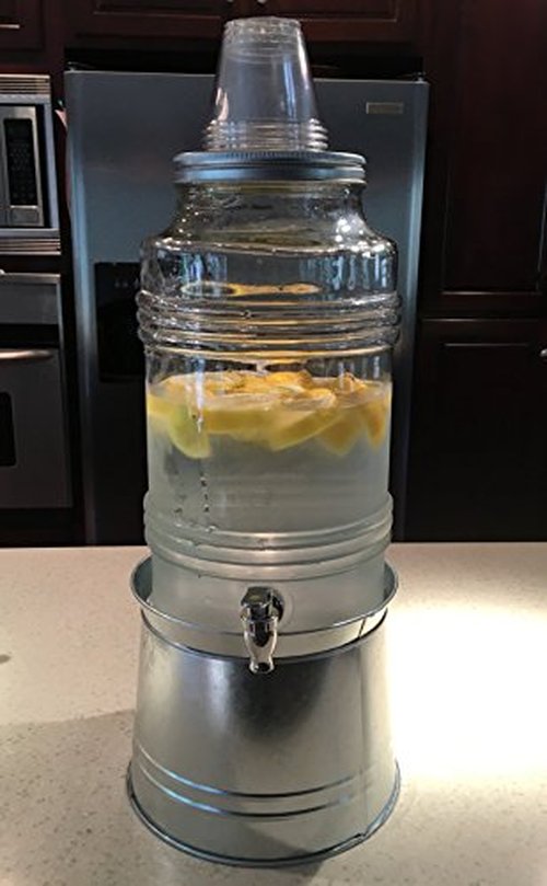 Circleware Breeze Glass Beverage Drink Dispenser with Stand Metal Base which Transforms to Metal Ice Bucket and Metal Lid + Fruit Infuser + Chrome Finished Spigot, HUGE 2.3 Gallons