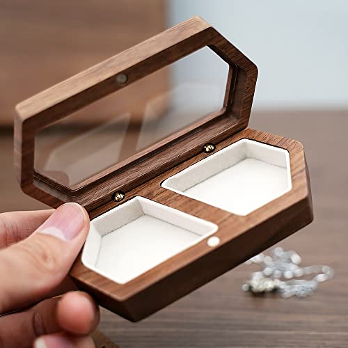 Engraved Wooden Double Ring Box - Walnut Jewelry Holder for 2 Rings