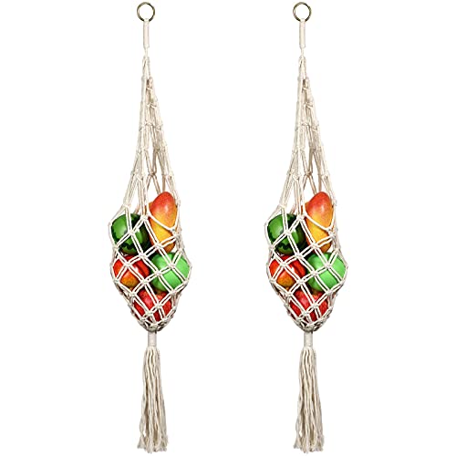 Hanging Fruit Basket Set - Boho Cotton Rope Kitchen Decor