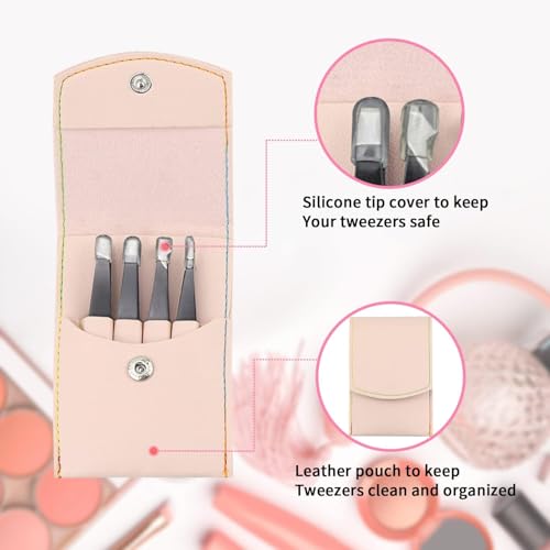 Precision Tweezers Set 4-Piece Stainless Steel with PU Leather Case