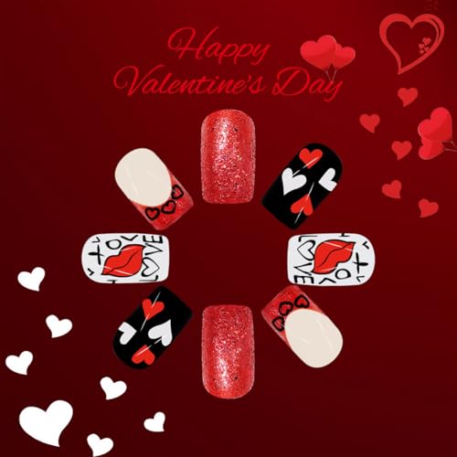 Valentine's Day Red French Tip Press on Nails Short Square Fake Nails