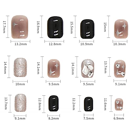 Onsdag Short Square Press on Nails with Rhinestones & Glitter Charm (24 Pcs)