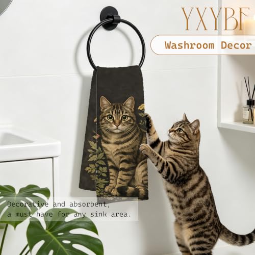 Vintage Floral Tabby Cat Kitchen Towels - 16x24 Inches, Artistic Design