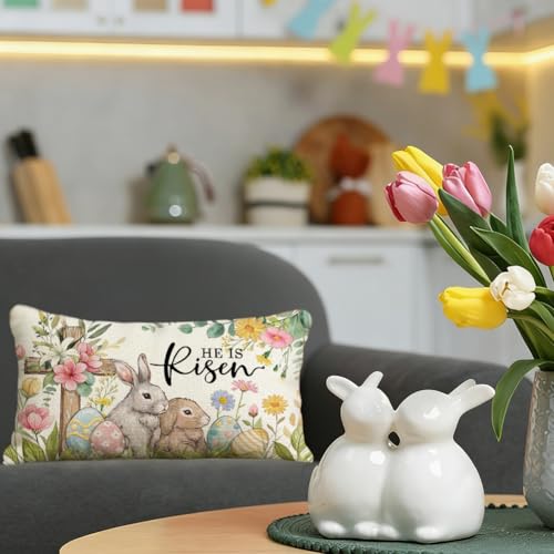 Easter Bunny Pillow Cover 12x20 | He is Risen Cross Design