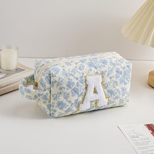 JOVAKIT Alphabet Floral Makeup Bag with Handle - Blue Floral A Toiletry Organizer