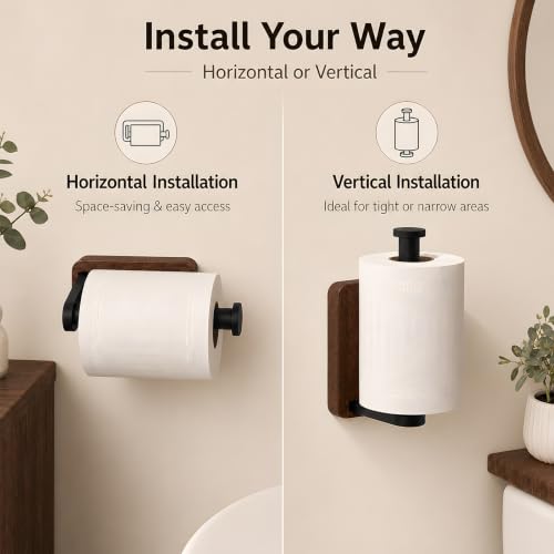 Wall-Mounted Wood and Matte Black Toilet Paper Holder for Bathroom
